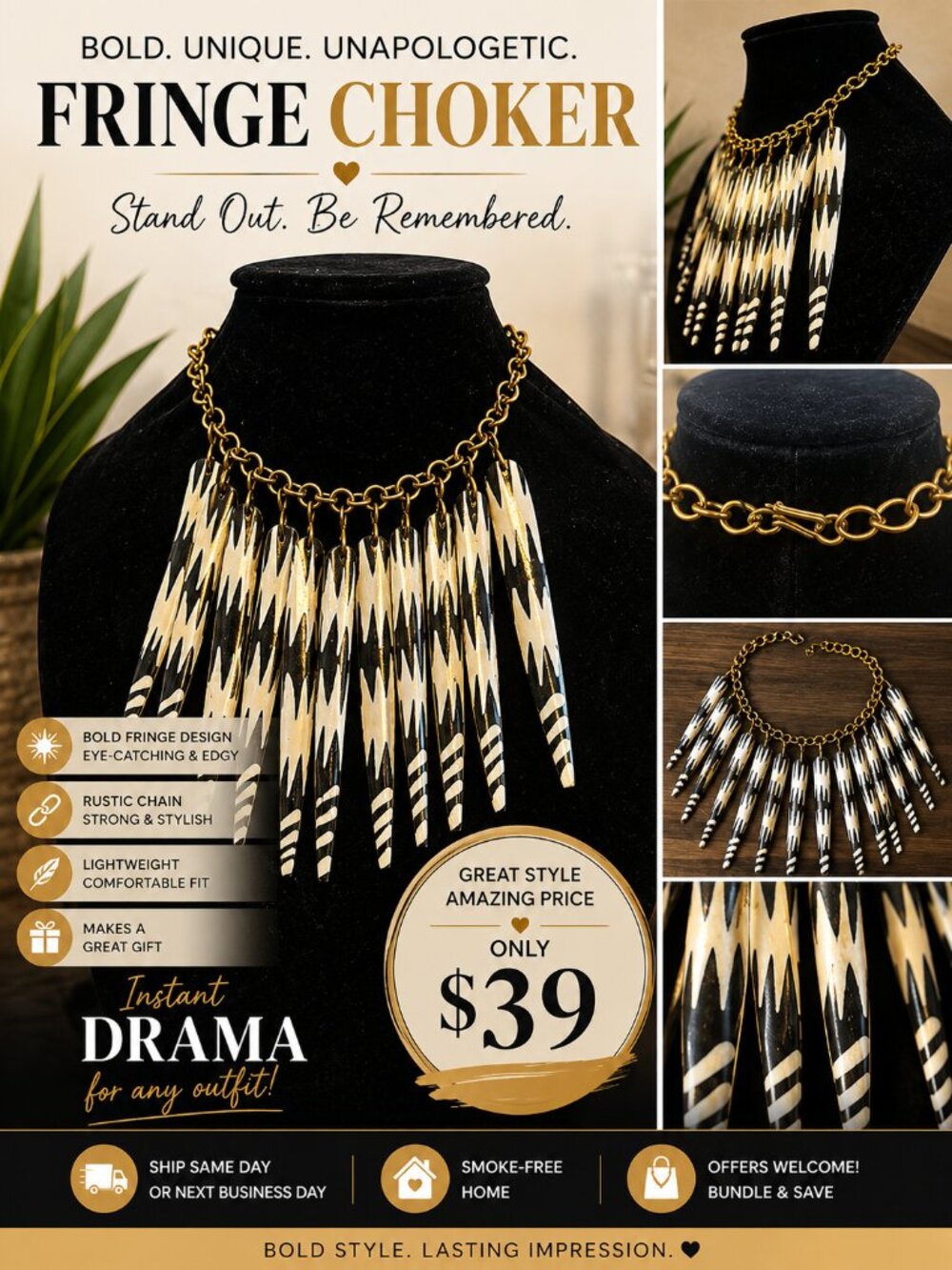 NWOT Off-White & Black Fringe Choker Statement Necklace | Bold Boho Rustic Style